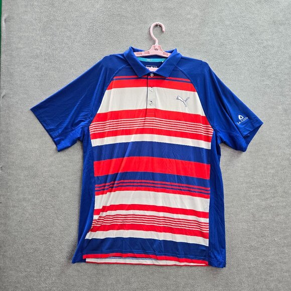 Puma Men Polo XL Blue‎ Red White Striped Short Sleeve Logo Polyester - Picture 1 of 11